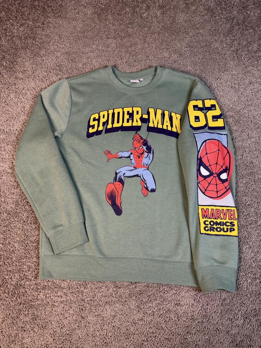 Marvel Sweatshirt Mens M Green Pullover Crewneck Heavyweight Fleece Spider-Man